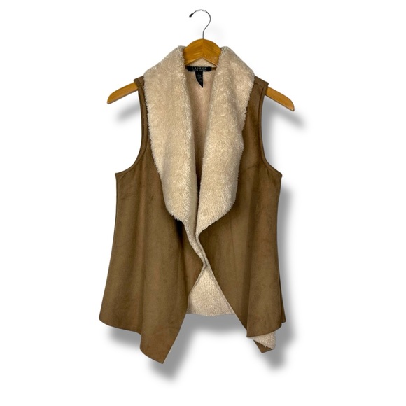 Lauren RALPH LAUREN Faux Suede Shearling Vest Open Front Western Classic Prep S - Picture 2 of 5